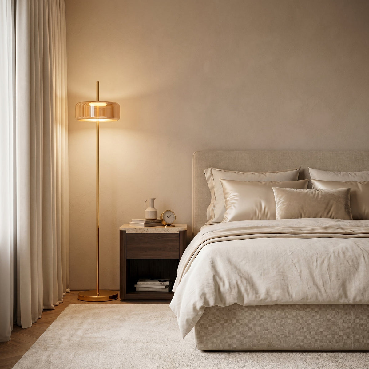 Lampadaire métal doré diffuseur verre teinté FUMORA