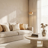 Lampadaire métal doré diffuseur verre teinté FUMORA