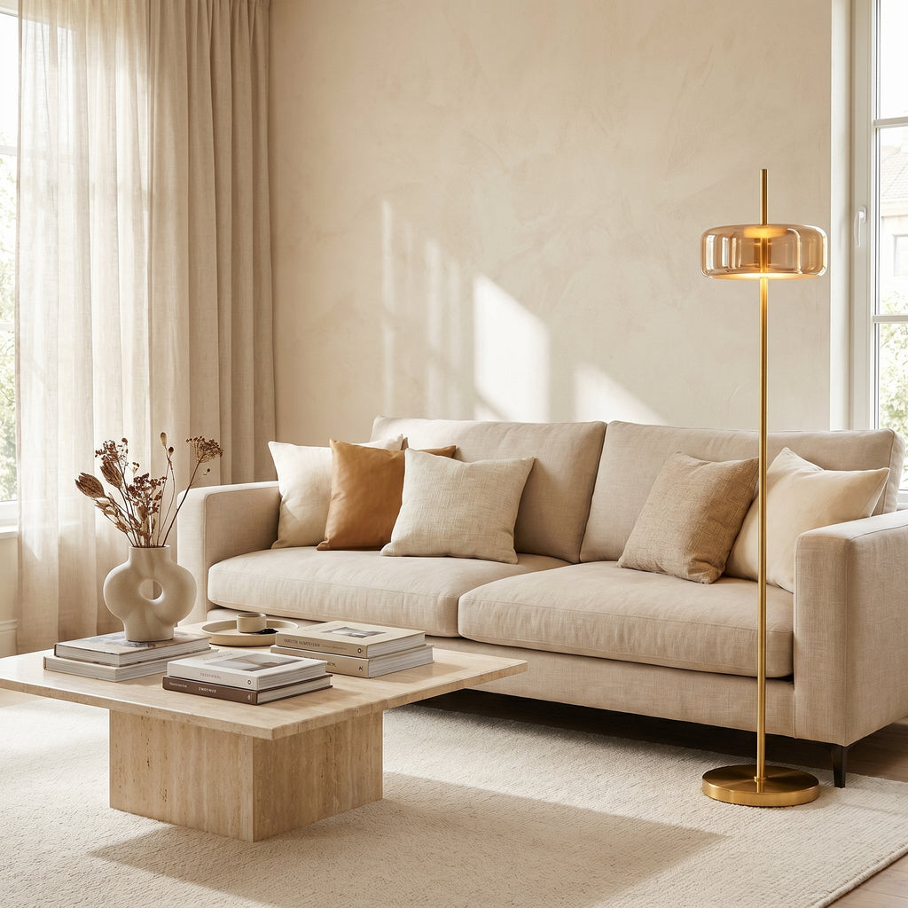 Lampadaire métal doré diffuseur verre teinté FUMORA