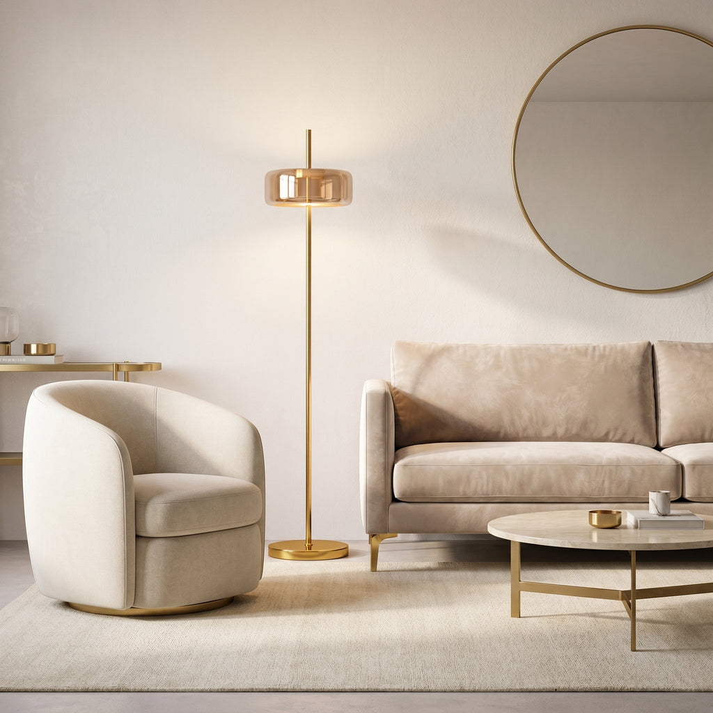 Lampadaire métal doré diffuseur verre teinté FUMORA