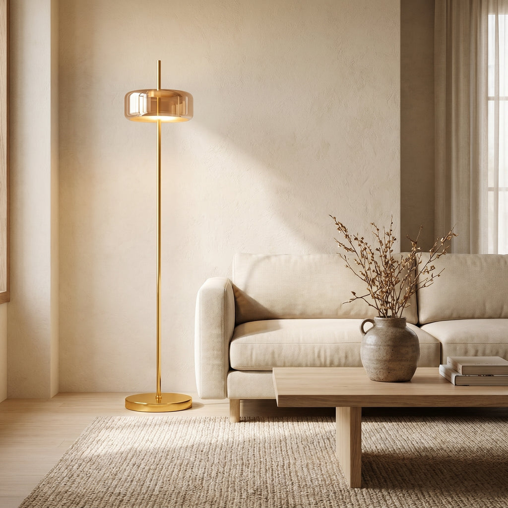 Lampadaire métal doré diffuseur verre teinté FUMORA