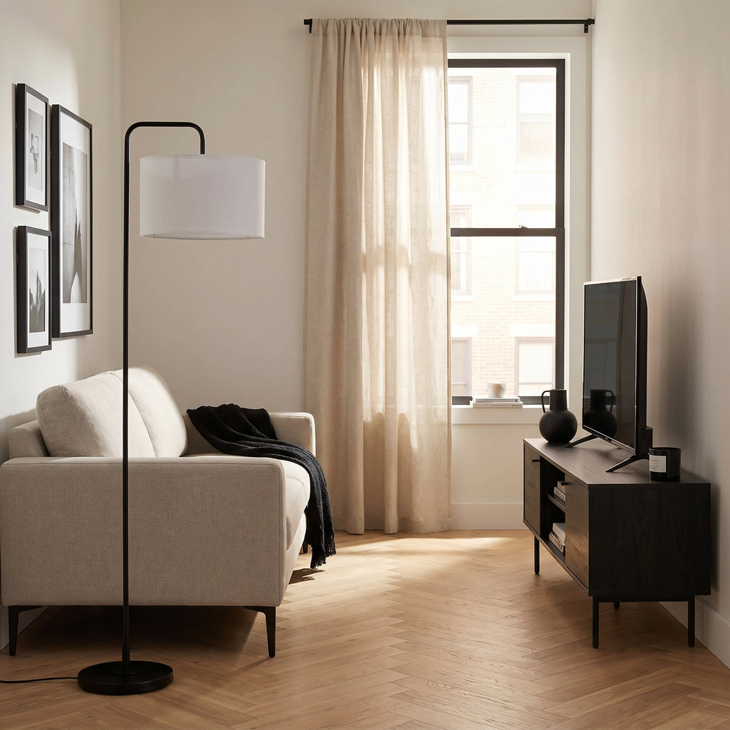 Lampadaire métal noir abat-jour cylindrique tissu blanc PURITA