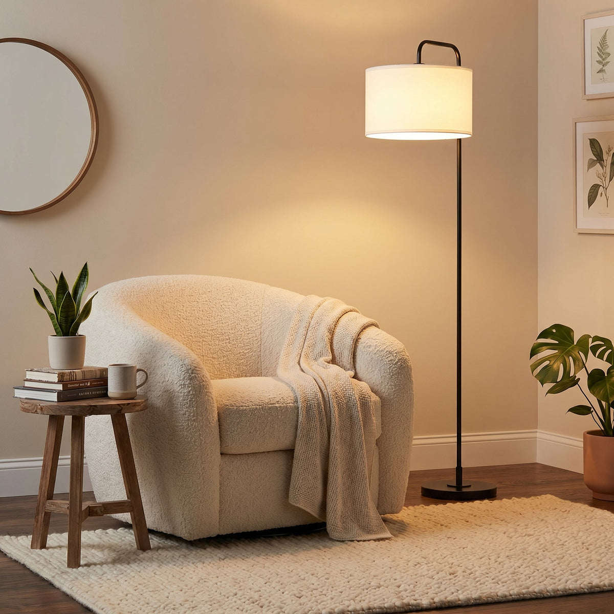 Lampadaire métal noir abat-jour cylindrique tissu blanc PURITA