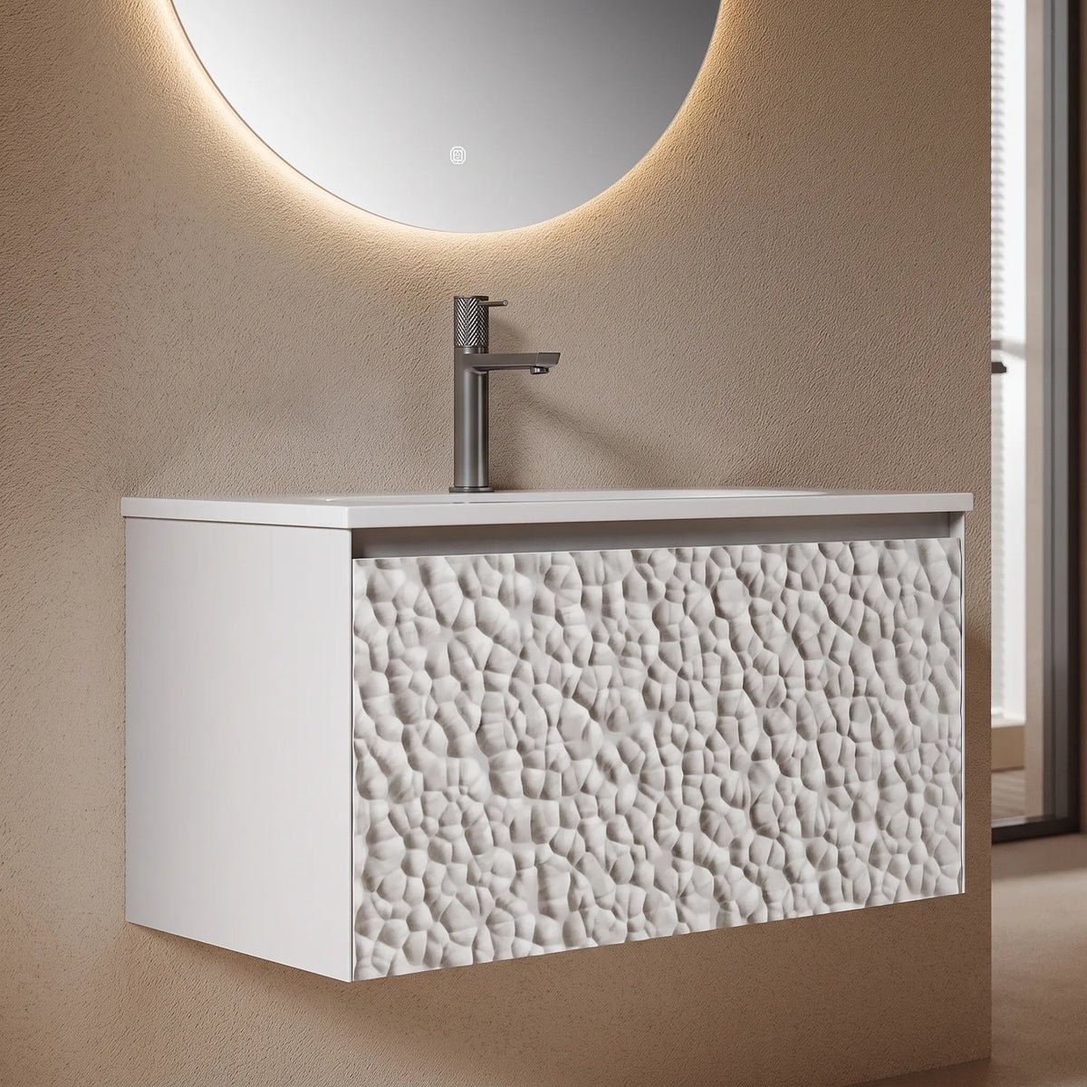 SASSO - Meuble Vasque Suspendu 80 cm, Façade Relief Galets, avec Miroir Rond