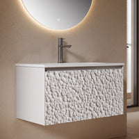 SASSO - Meuble Vasque Suspendu 80 cm, Façade Relief Galets, avec Miroir Rond