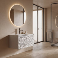 SASSO - Meuble Vasque Suspendu 80 cm, Façade Relief Galets, avec Miroir Rond