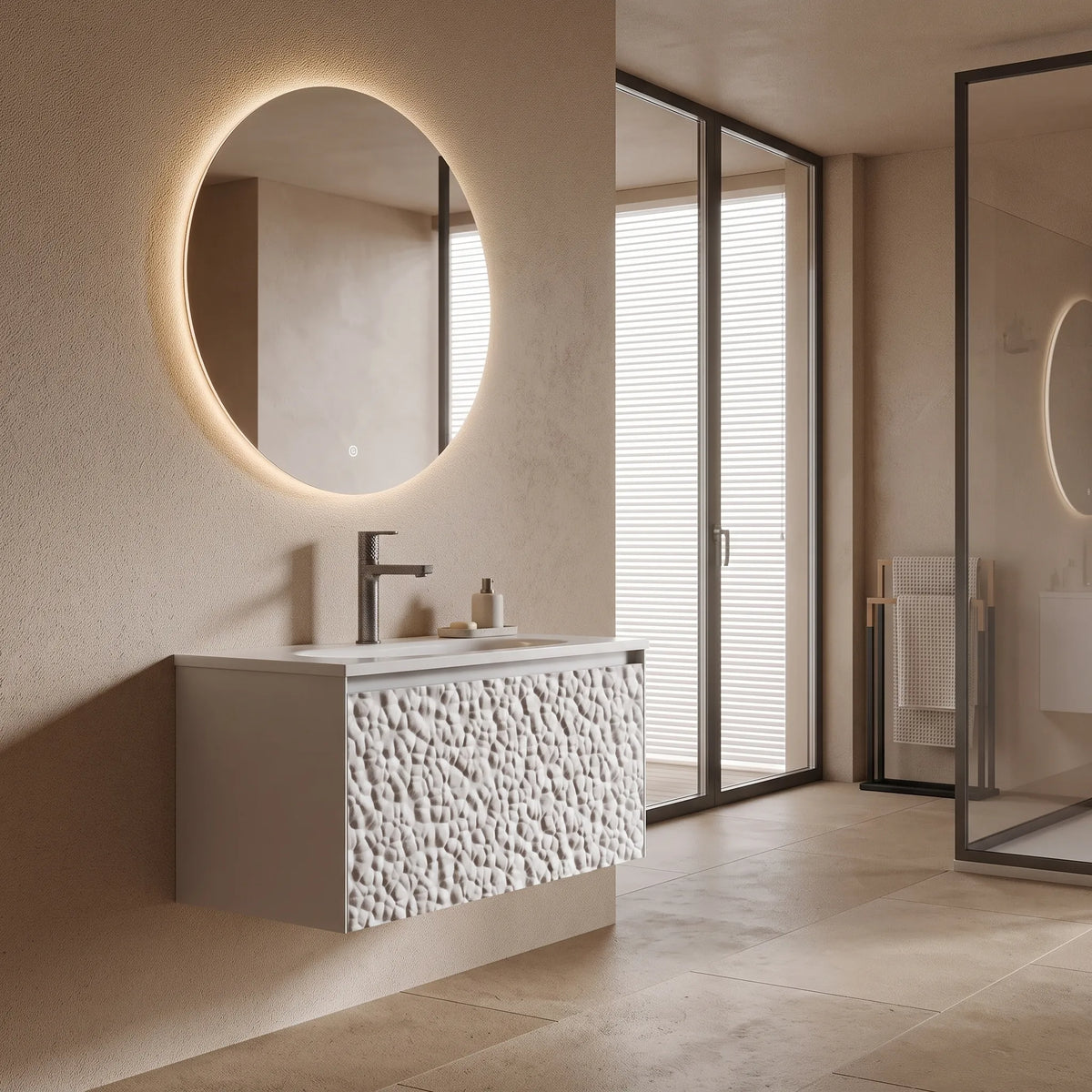 SASSO - Meuble Vasque Suspendu 80 cm, Façade Relief Galets, avec Miroir Rond