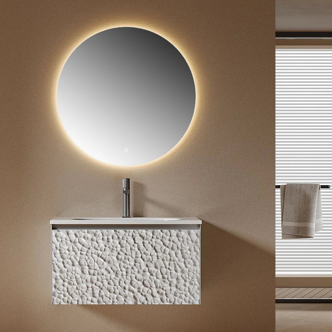SASSO - Meuble Vasque Suspendu 80 cm, Façade Relief Galets, avec Miroir Rond