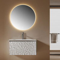 SASSO - Meuble Vasque Suspendu 80 cm, Façade Relief Galets, avec Miroir Rond