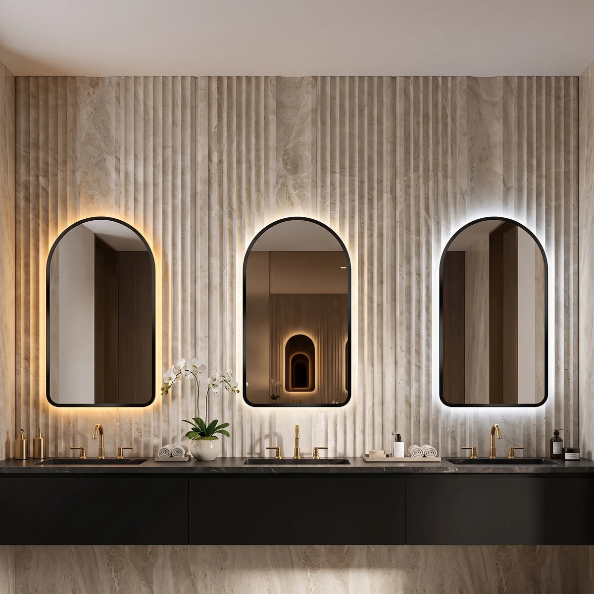 CURVA - Miroir de Salle de Bain Cintré, Cadre Aluminium & LED Tricolore