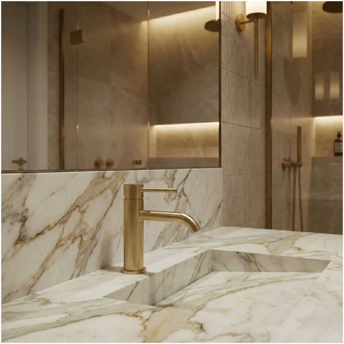 Mitigeur de lavabo sur plan or brossé