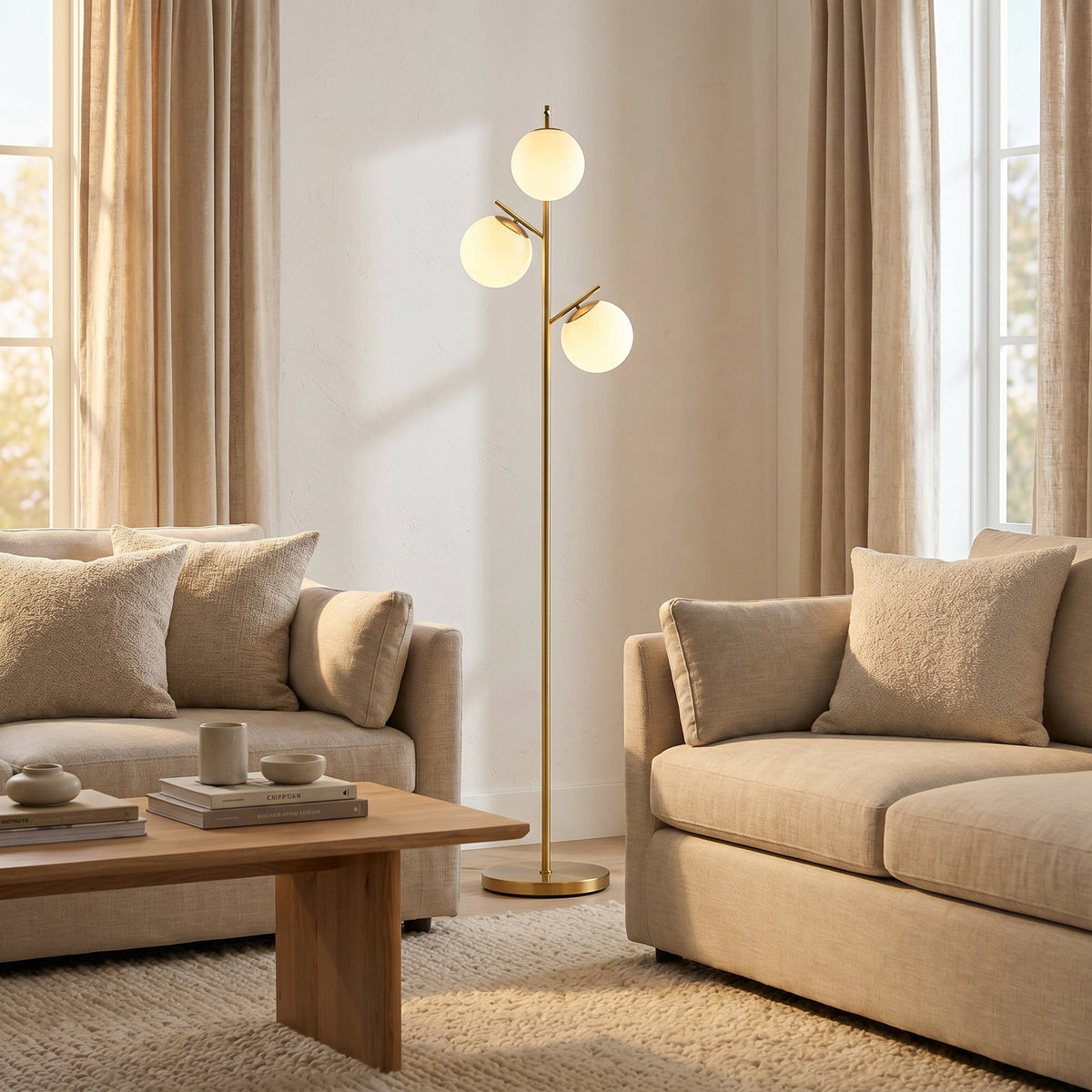Lampadaire 3 globes verre opalin métal doré TRIOPALE
