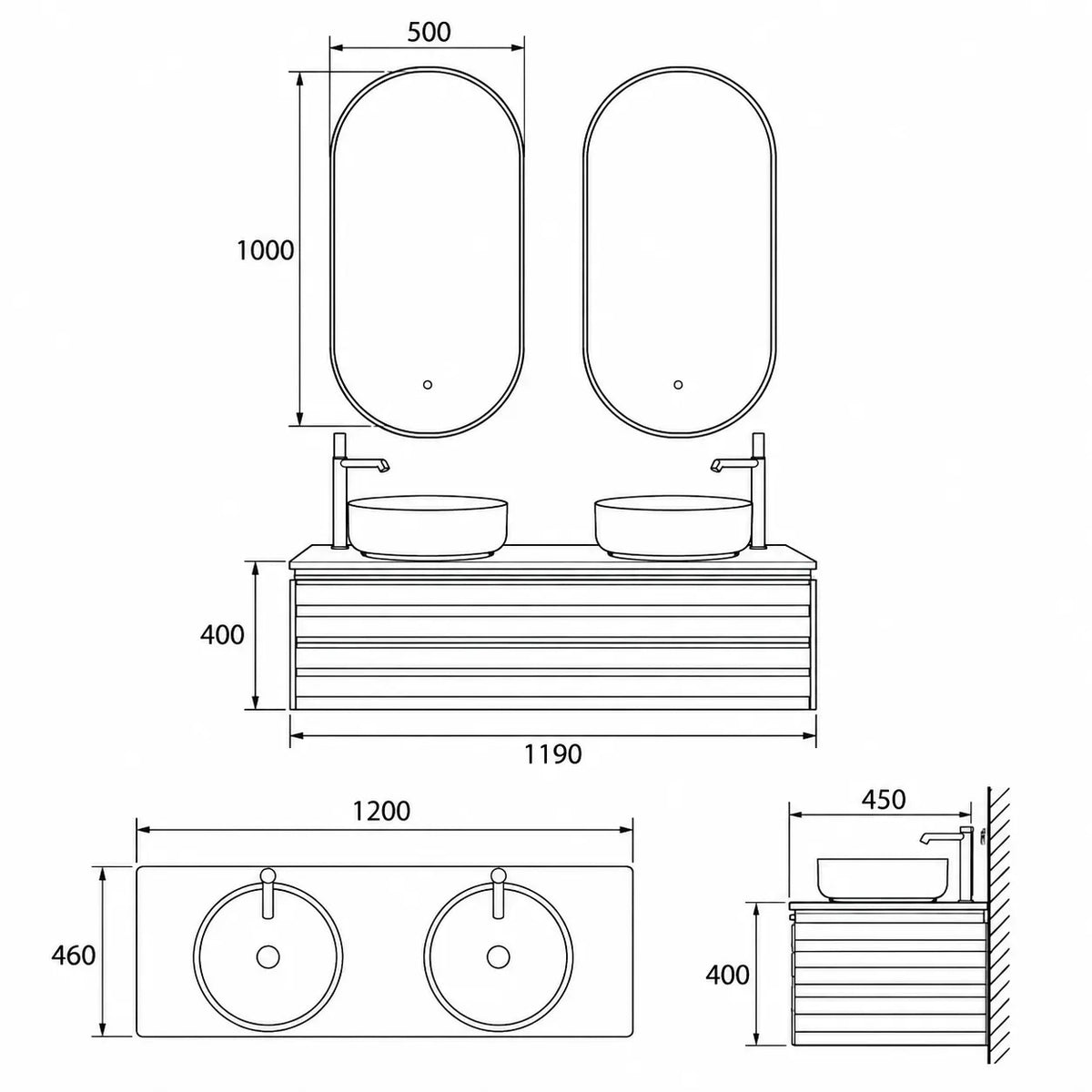 SCOGLIO - Meuble Double Vasque Suspendu 120 cm, Plan Dalle de Roche, Vasques Noires, avec Miroirs