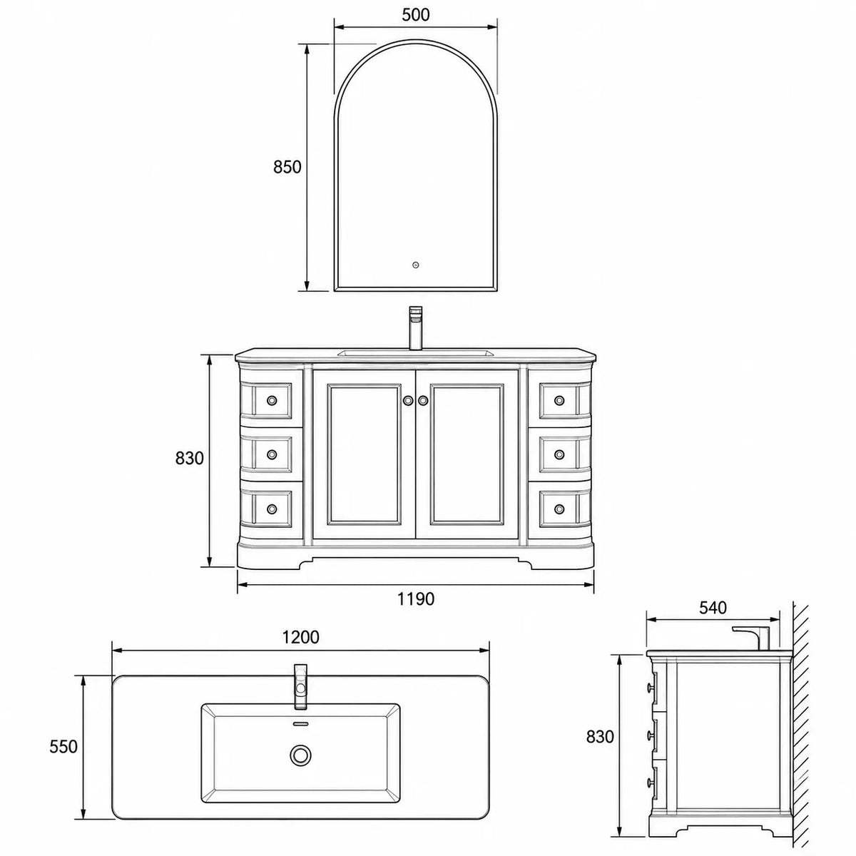 PALAZZO - Meuble Vasque sur Pied 120 cm, Style Classique Brun Chocolat, Portes et Tiroirs, avec Miroir