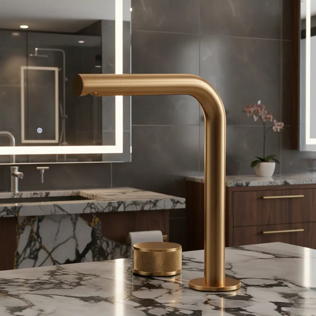 Robinet de lavabo sur plan or brossé