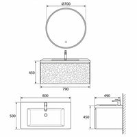 SASSO - Meuble Vasque Suspendu 80 cm, Façade Relief Galets, avec Miroir Rond