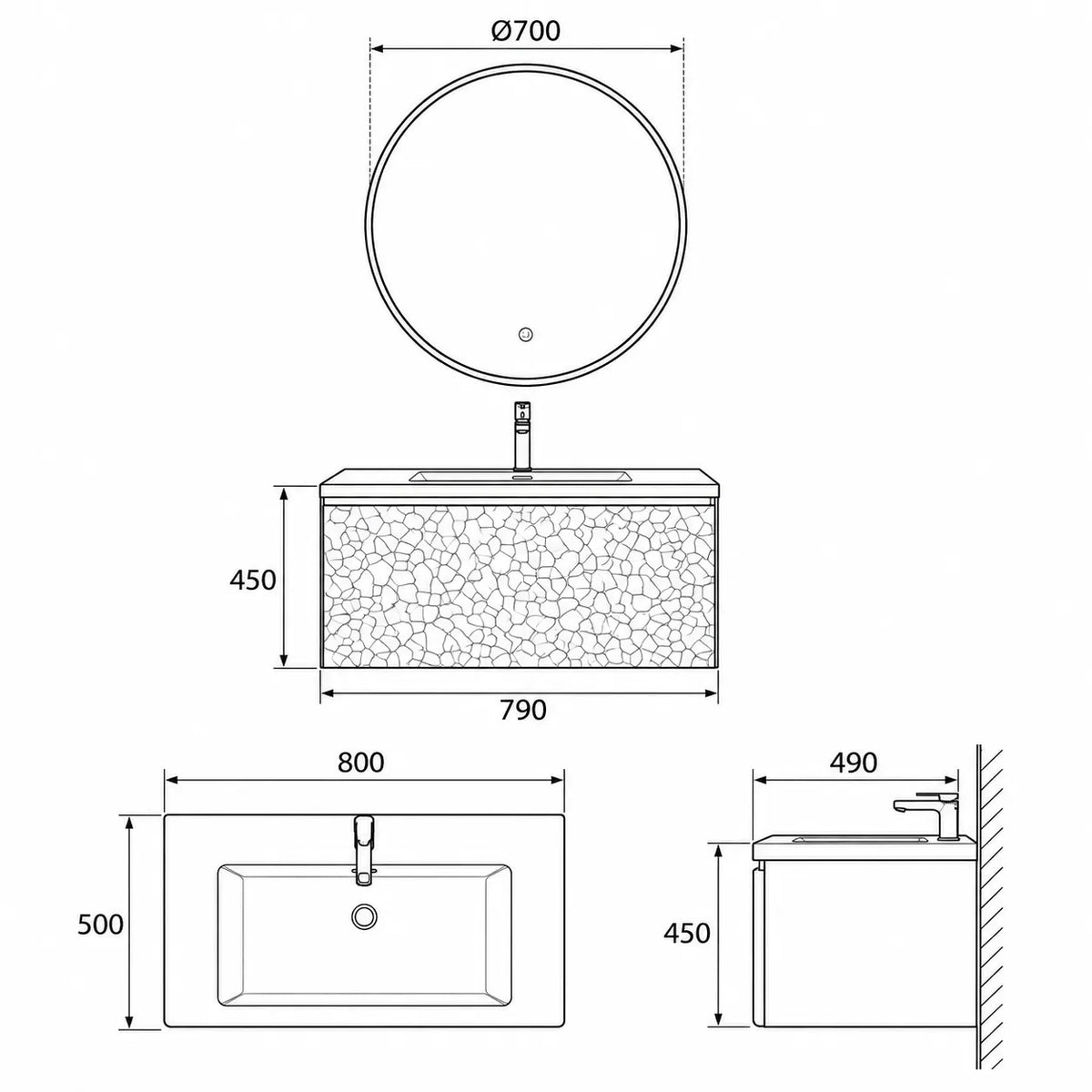 SASSO - Meuble Vasque Suspendu 80 cm, Façade Relief Galets, avec Miroir Rond