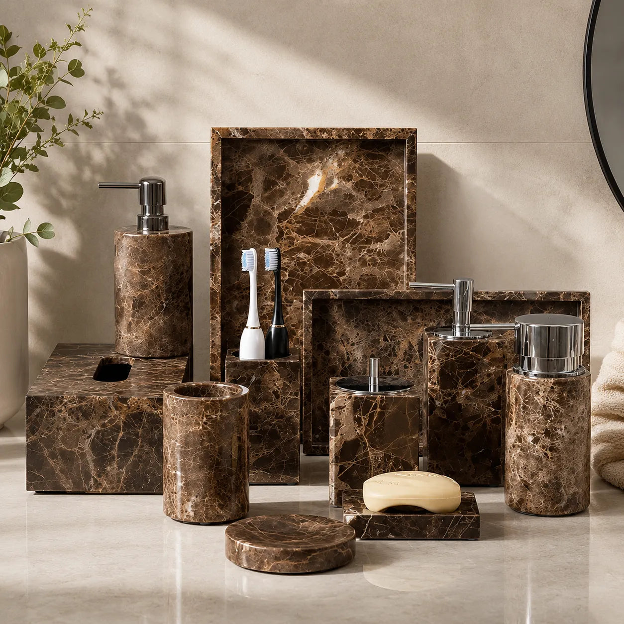 MARLENZO - Emperador Brown Marble Bathroom Set, Dispenser and Matching Accessories