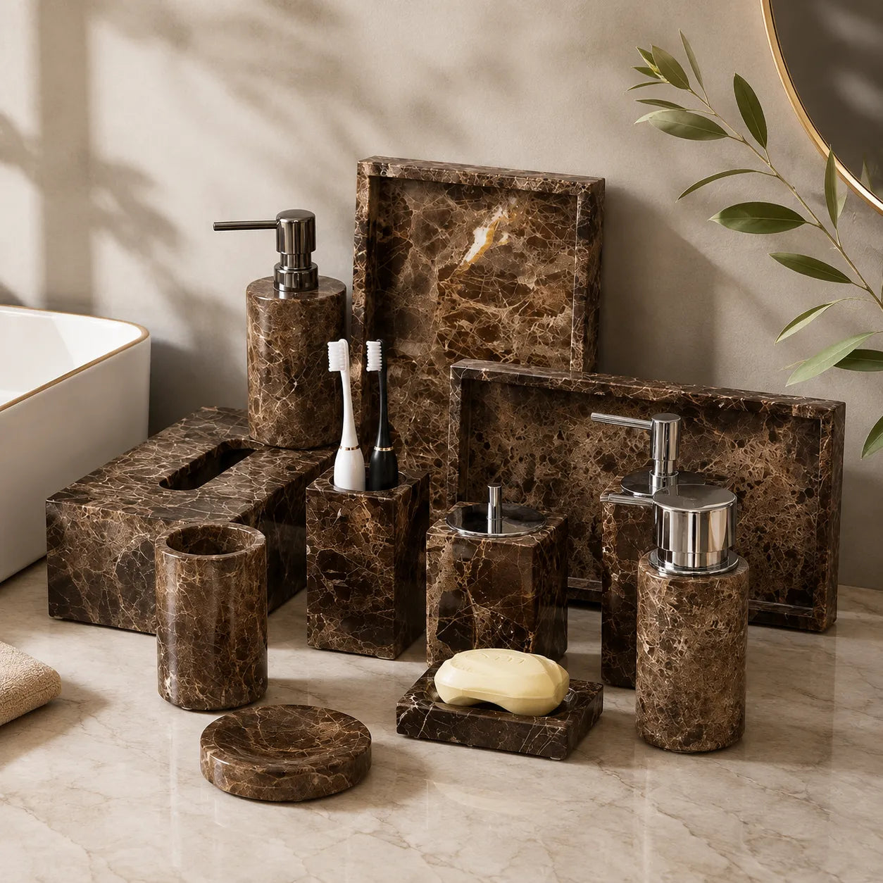 MARLENZO - Emperador Brown Marble Bathroom Set, Dispenser and Matching Accessories
