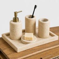 PETRALIA - Hand-Carved Travertine Bathroom Set, Toothbrush Holder, Dispenser, Soap Dish