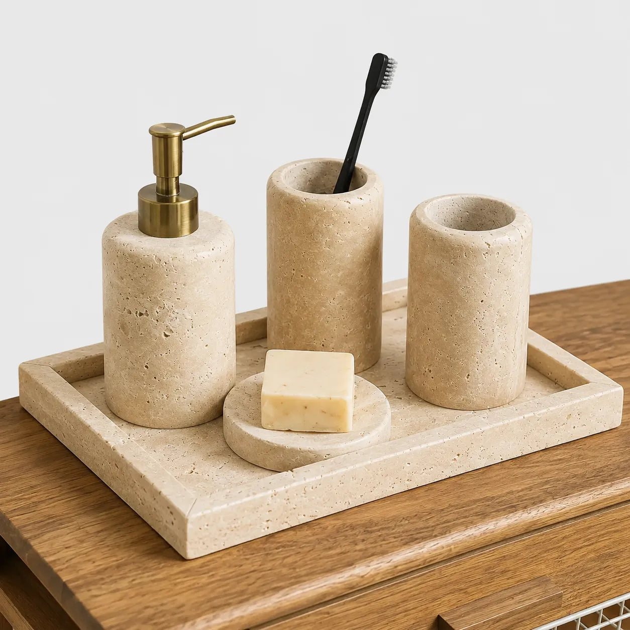 PETRALIA - Hand-Carved Travertine Bathroom Set, Toothbrush Holder, Dispenser, Soap Dish