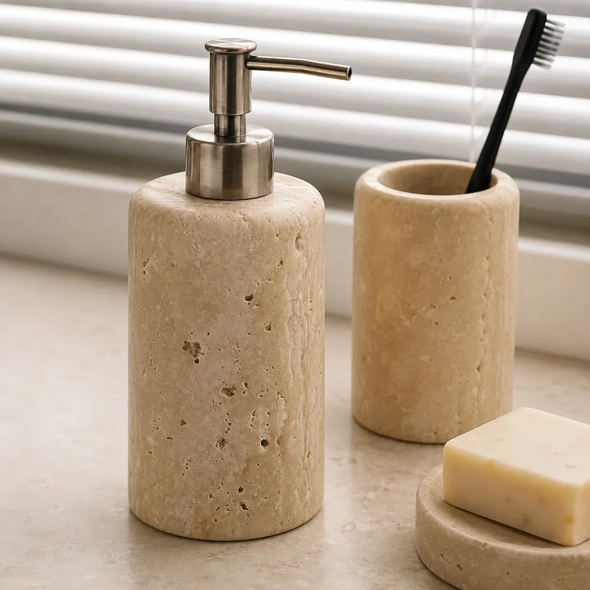PETRALIA - Hand-Carved Travertine Bathroom Set, Toothbrush Holder, Dispenser, Soap Dish