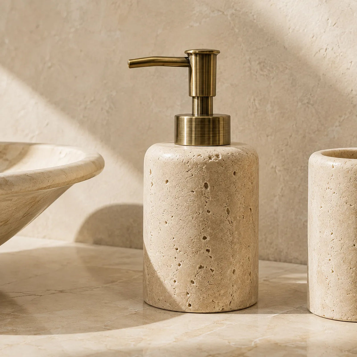 PETRALIA - Hand-Carved Travertine Bathroom Set, Toothbrush Holder, Dispenser, Soap Dish