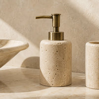 PETRALIA - Hand-Carved Travertine Bathroom Set, Toothbrush Holder, Dispenser, Soap Dish