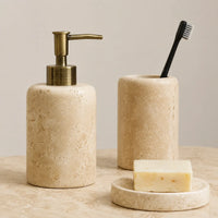 PETRALIA - Hand-Carved Travertine Bathroom Set, Toothbrush Holder, Dispenser, Soap Dish