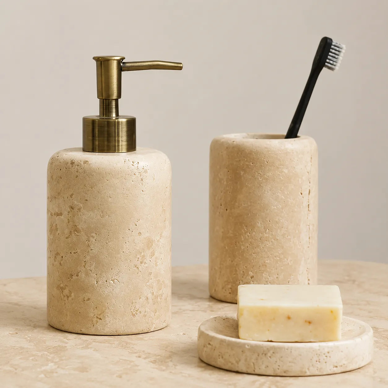 PETRALIA - Hand-Carved Travertine Bathroom Set, Toothbrush Holder, Dispenser, Soap Dish
