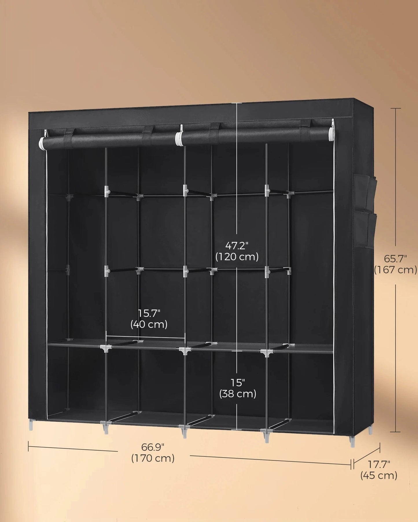 Armoire en toile noire avec barres métalliques – rangement pratique et léger