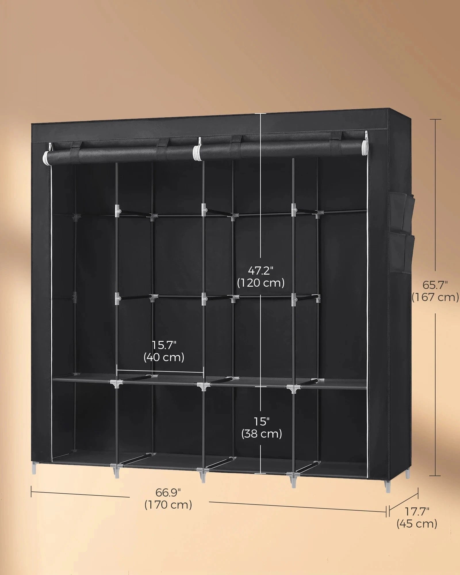 Armoire en toile noire avec barres métalliques – rangement pratique et léger