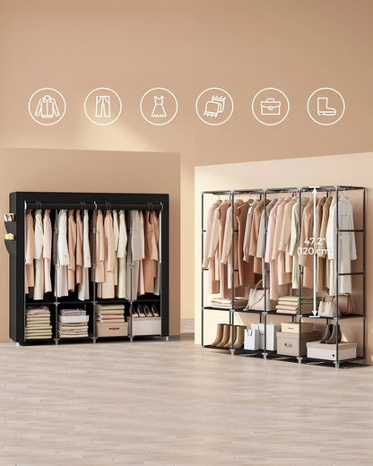 Armoire en toile noire avec barres métalliques – rangement pratique et léger