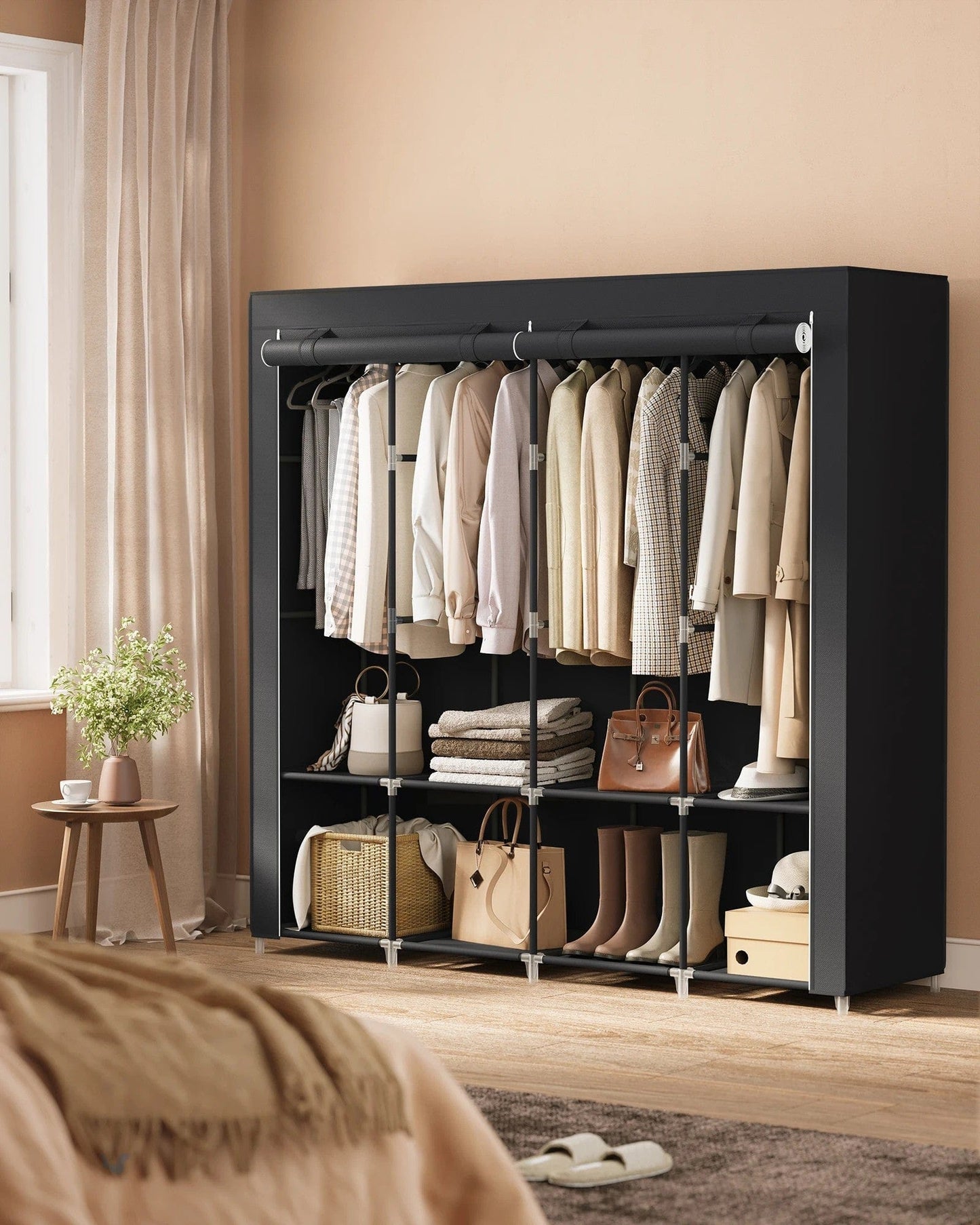 Armoire en toile noire avec barres métalliques – rangement pratique et léger