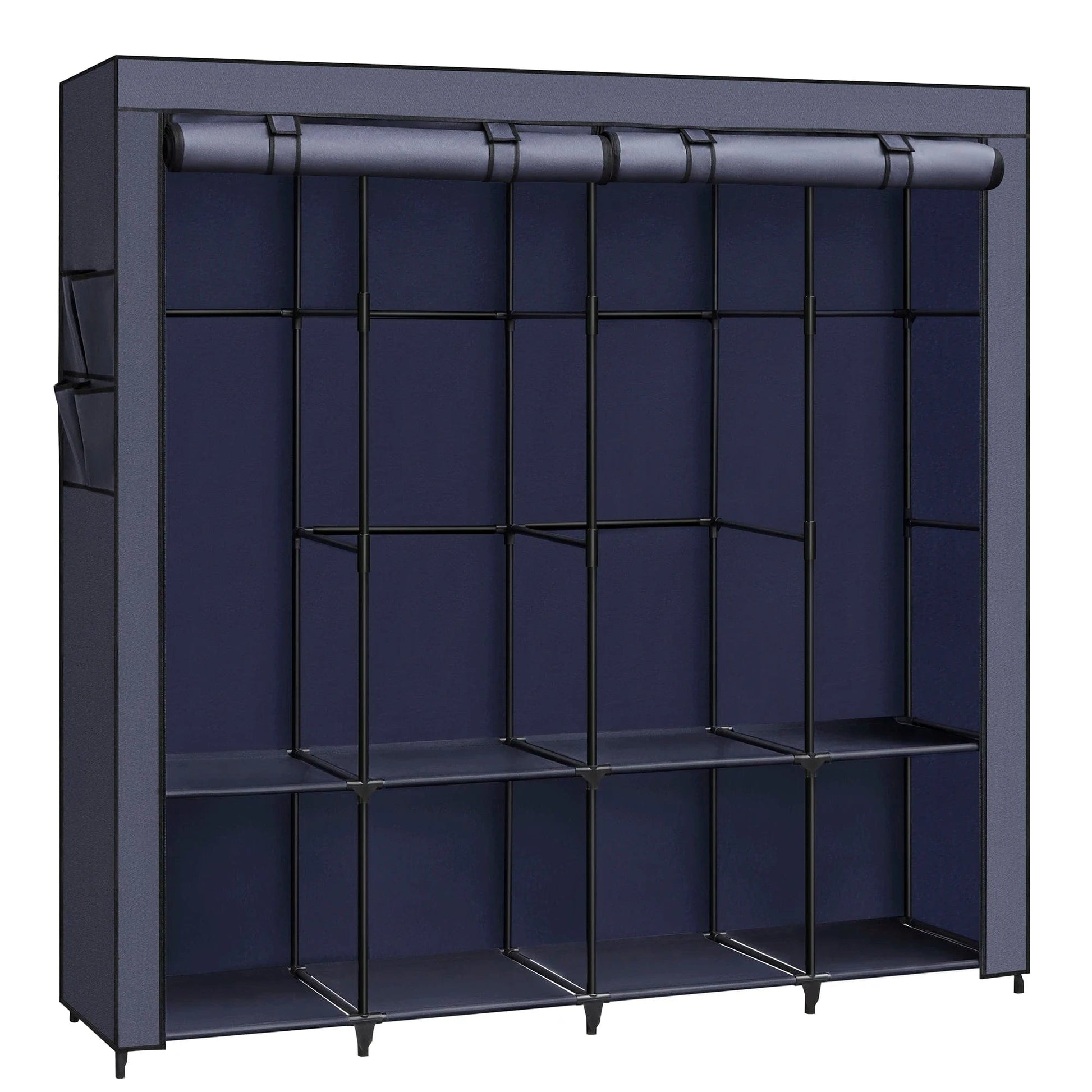 Armoire en toile noire avec barres métalliques – rangement pratique et léger Bleu