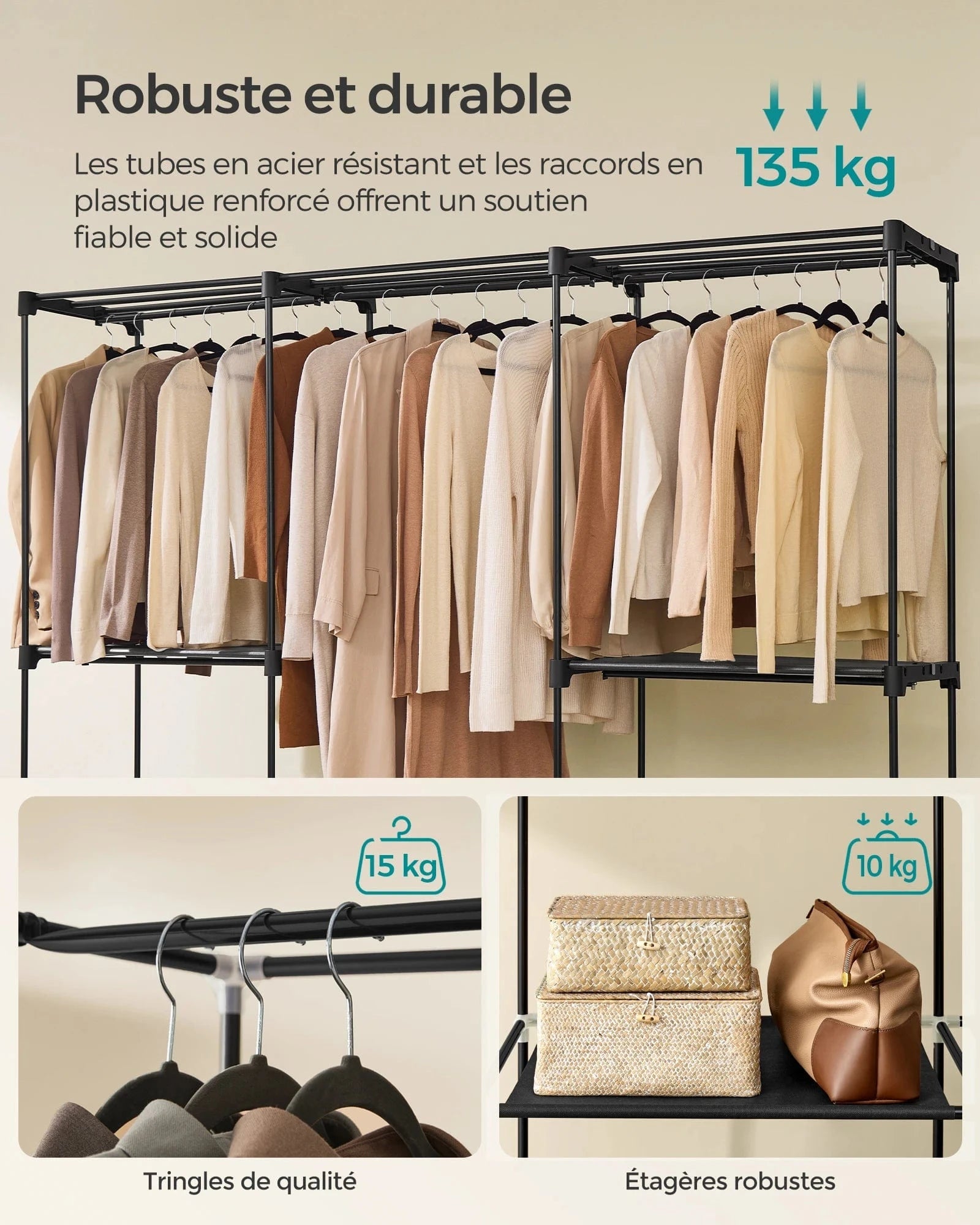 Storage Cabinet, Folding Wardrobe, Dressing Room, Clothes Rack, for Cloakroom, Bedroom, 205 x 43 x 166 cm, Ink Black black / GERMANY