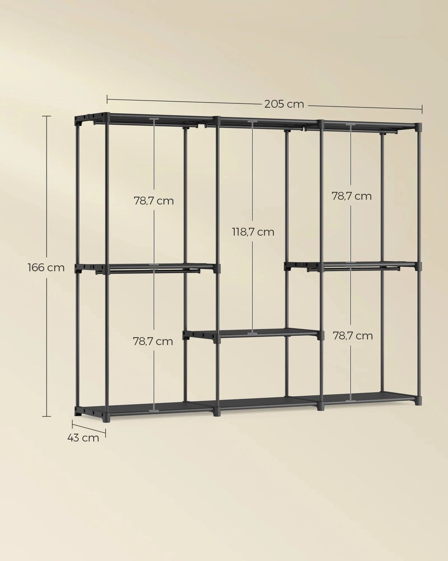 Storage Cabinet, Folding Wardrobe, Dressing Room, Clothes Rack, for Cloakroom, Bedroom, 205 x 43 x 166 cm, Ink Black black / GERMANY