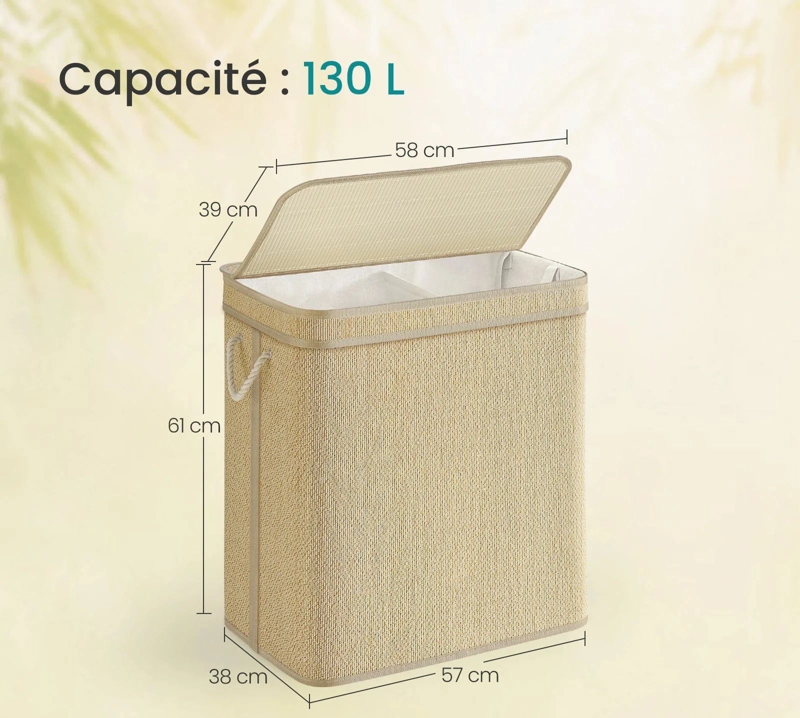 Bac à linge double avec couvercle et sac amovible 130 L / Nature