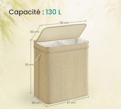 Bac à linge double avec couvercle et sac amovible 130 L / Nature