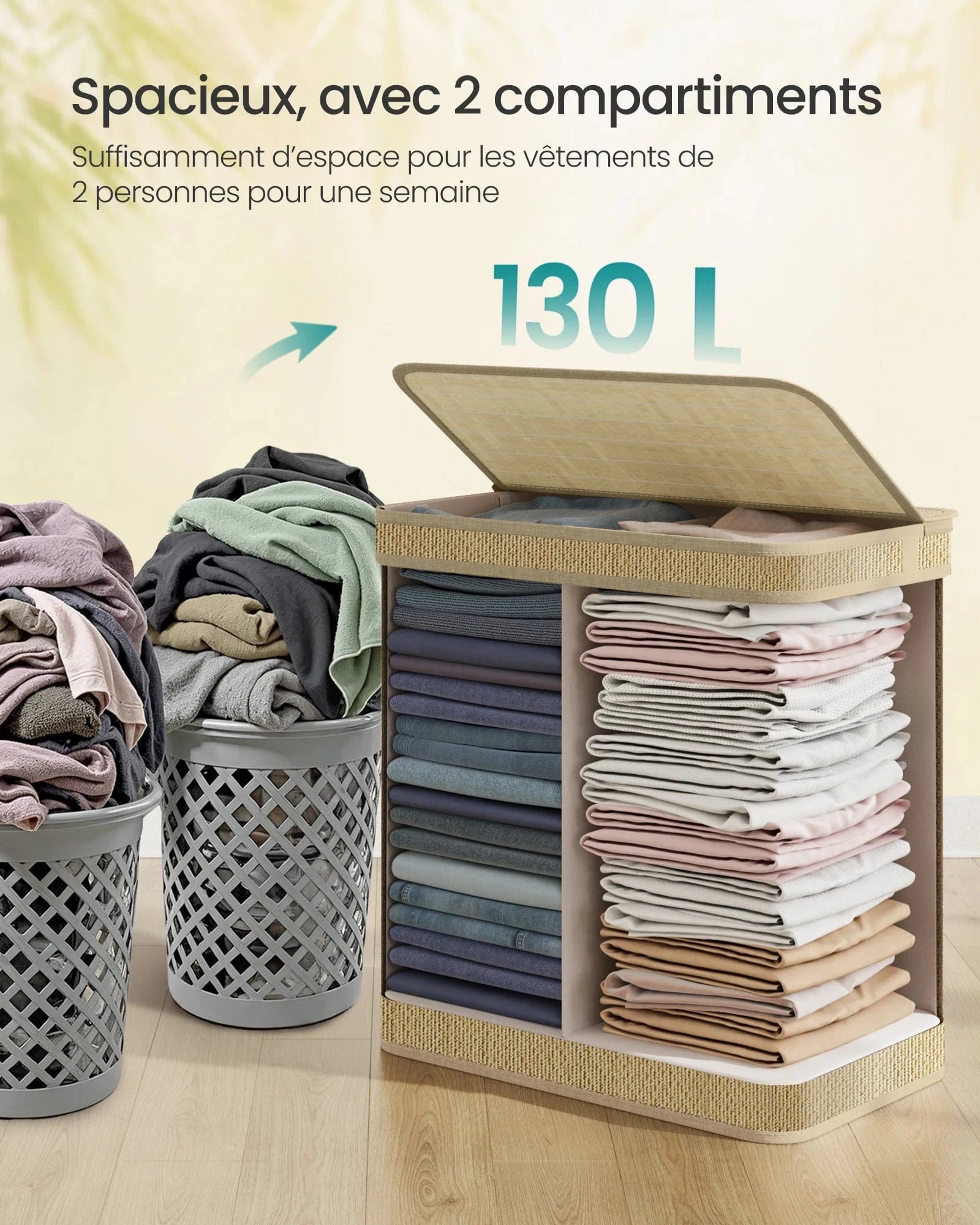Bac à linge double avec couvercle et sac amovible 130 L / Nature
