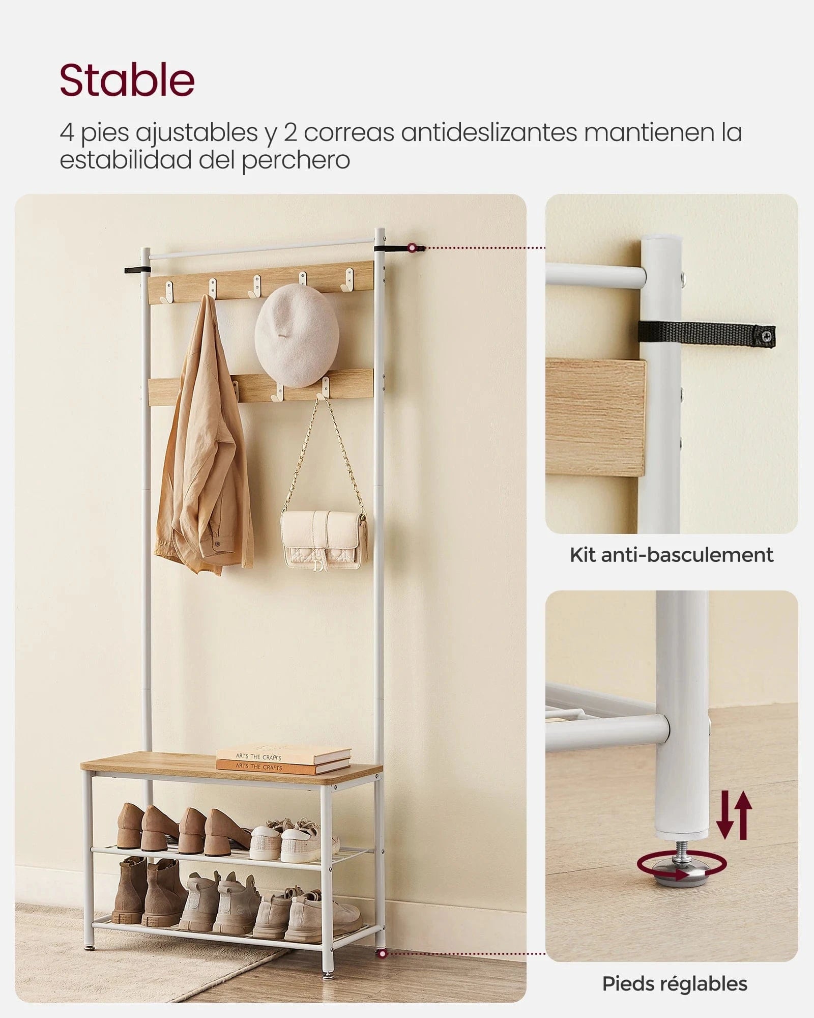 Banc et porte manteau 3-en-1 en métal et bois