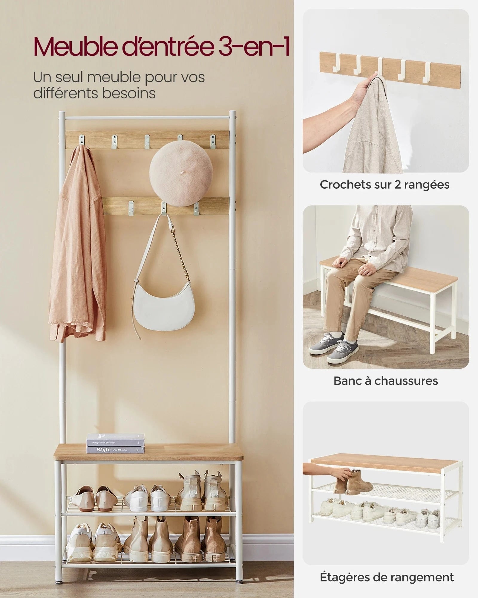 Banc et porte manteau 3-en-1 en métal et bois