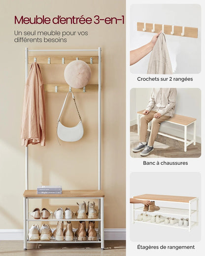 Banc et porte manteau 3-en-1 en métal et bois