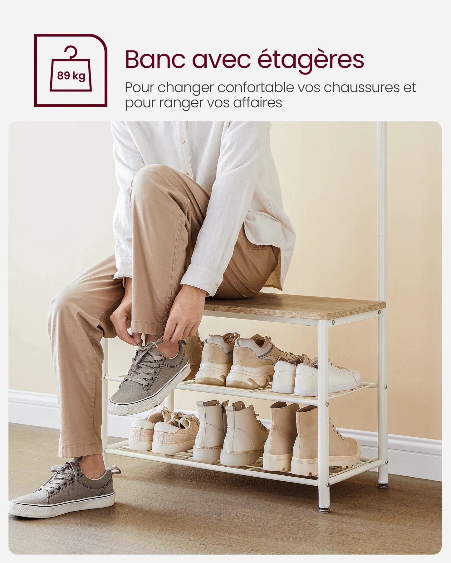 Banc et porte manteau 3-en-1 en métal et bois