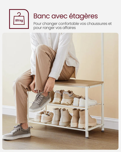 Banc et porte manteau 3-en-1 en métal et bois