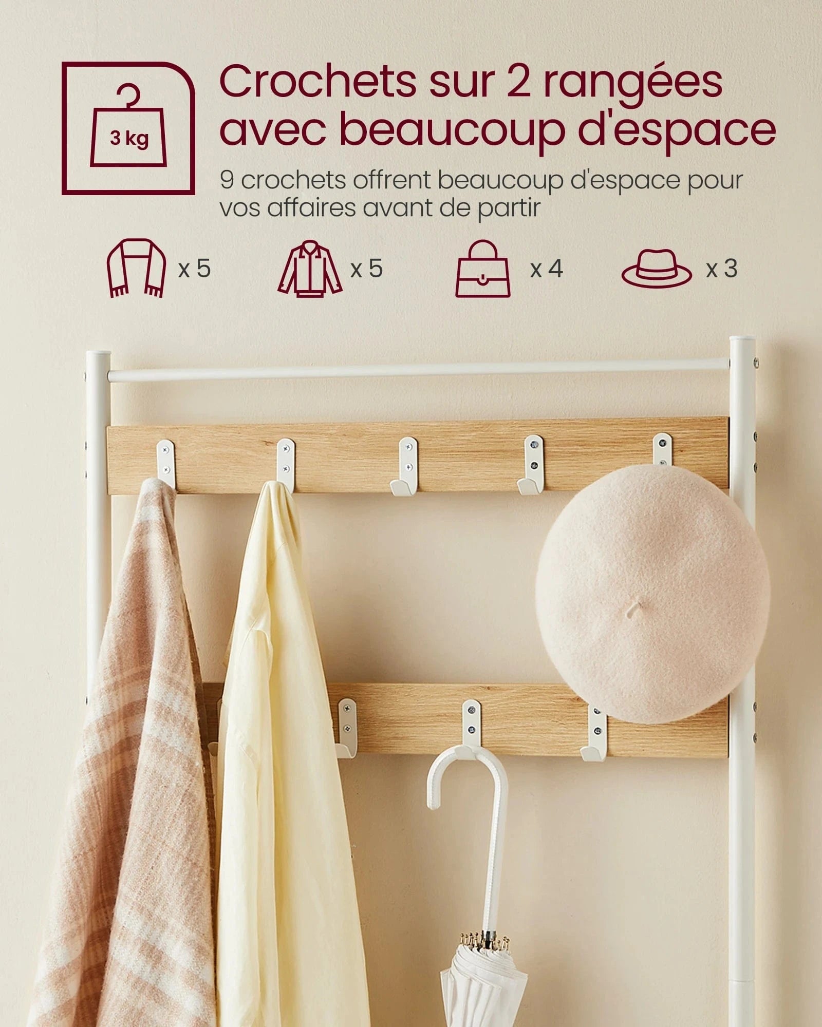 Banc et porte manteau 3-en-1 en métal et bois