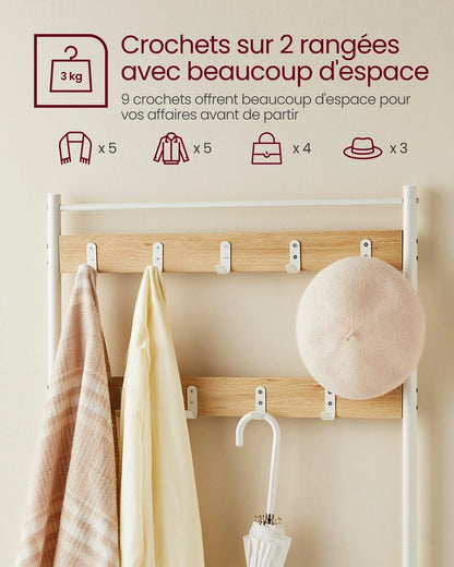 Banc et porte manteau 3-en-1 en métal et bois