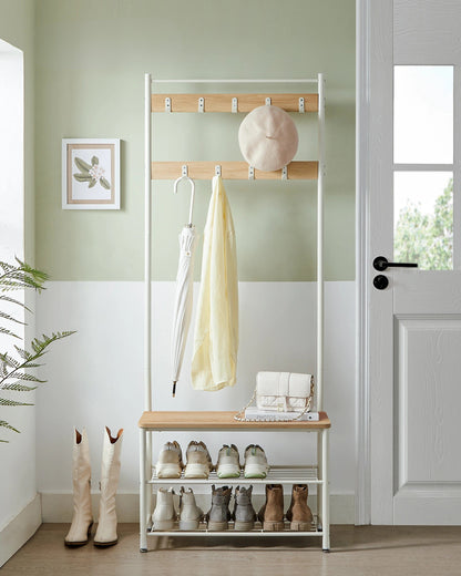 Banc et porte manteau 3-en-1 en métal et bois