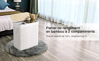 Banette à linge en bambou avec poignées Blanc