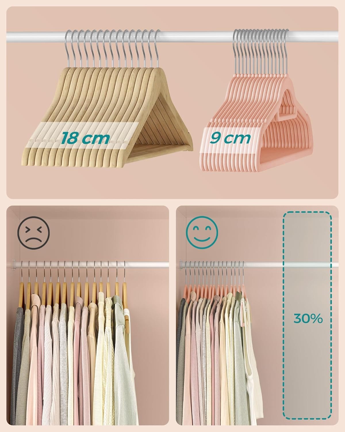 Cintres en velours pour manteaux : l'astuce antidérapante pour un rangement impeccable L / Rose